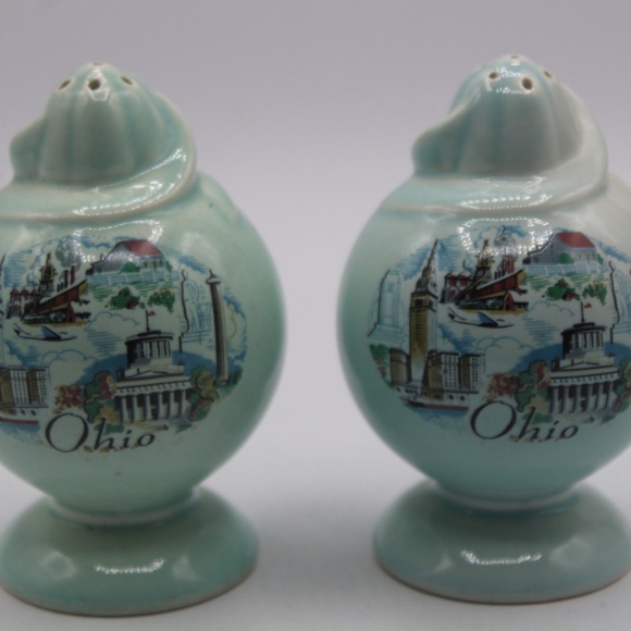 Vintage Taylor Smith LuRay Ceramic Pastel Turquoise Ohio State Shaker Set / USA - Picture 2 of 7
